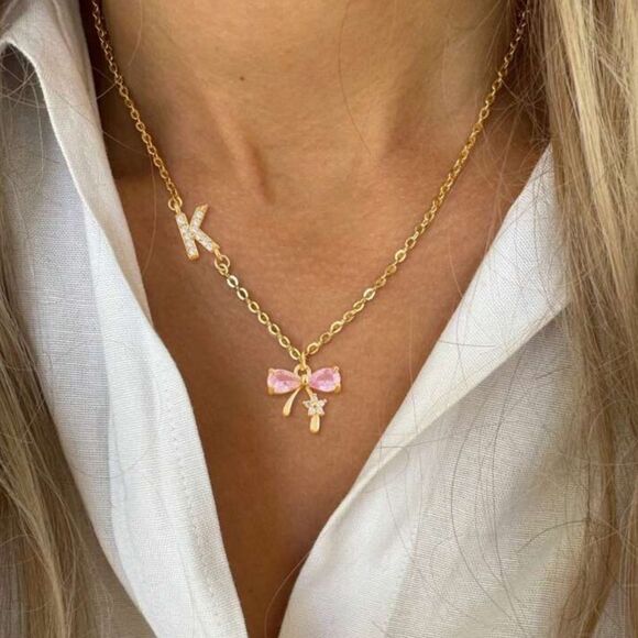 Pink Bow Pendant Necklace A1233 - Picture 1 of 4